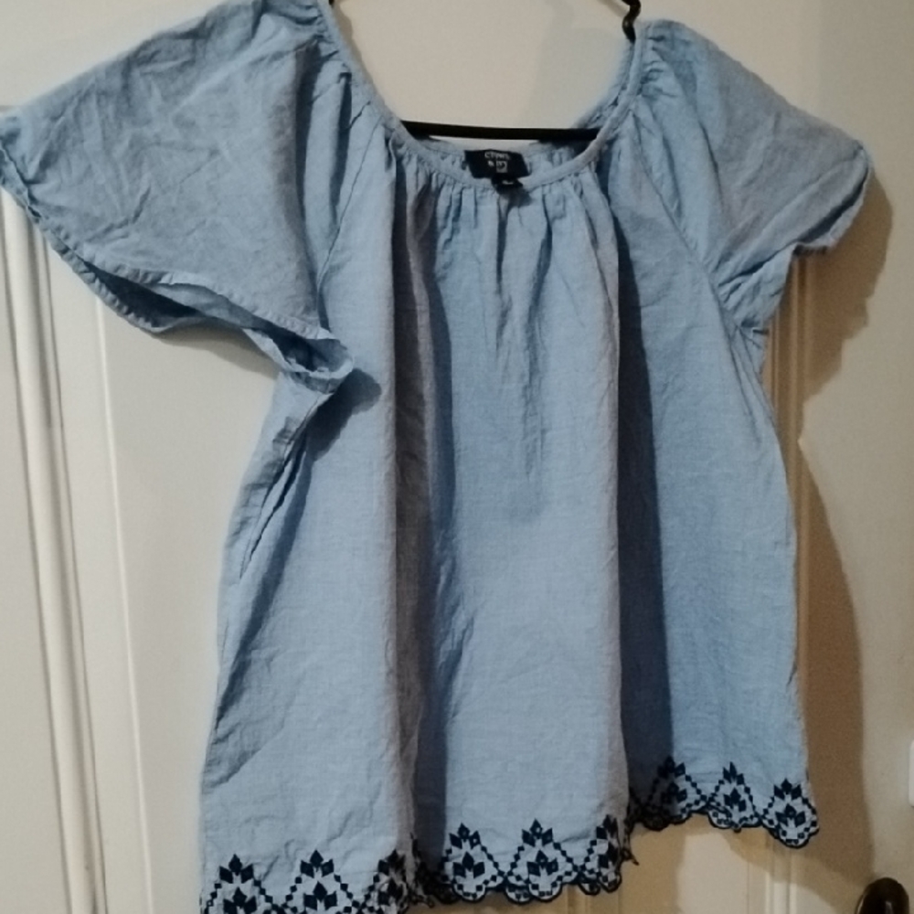 Crown & Ivy Blue Flutter Sleeve Embellished Blouse